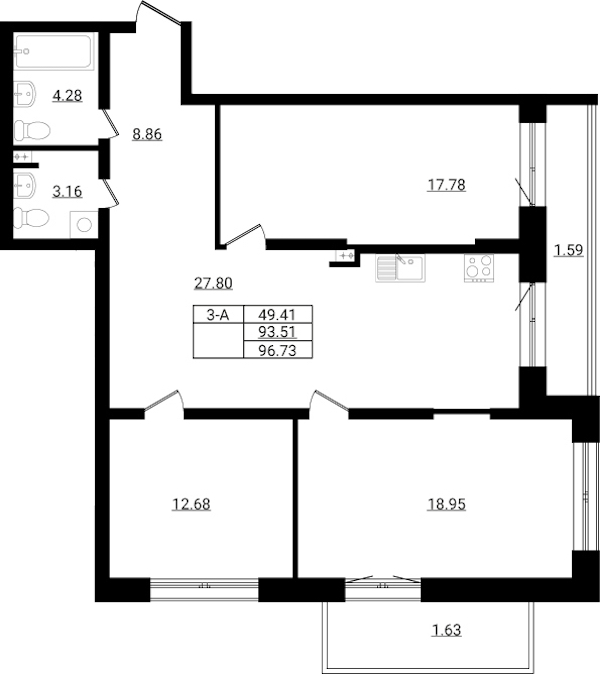 3-комнатная квартира 96.73 м², 1/9 эт., ЖК «Эко Гармония»